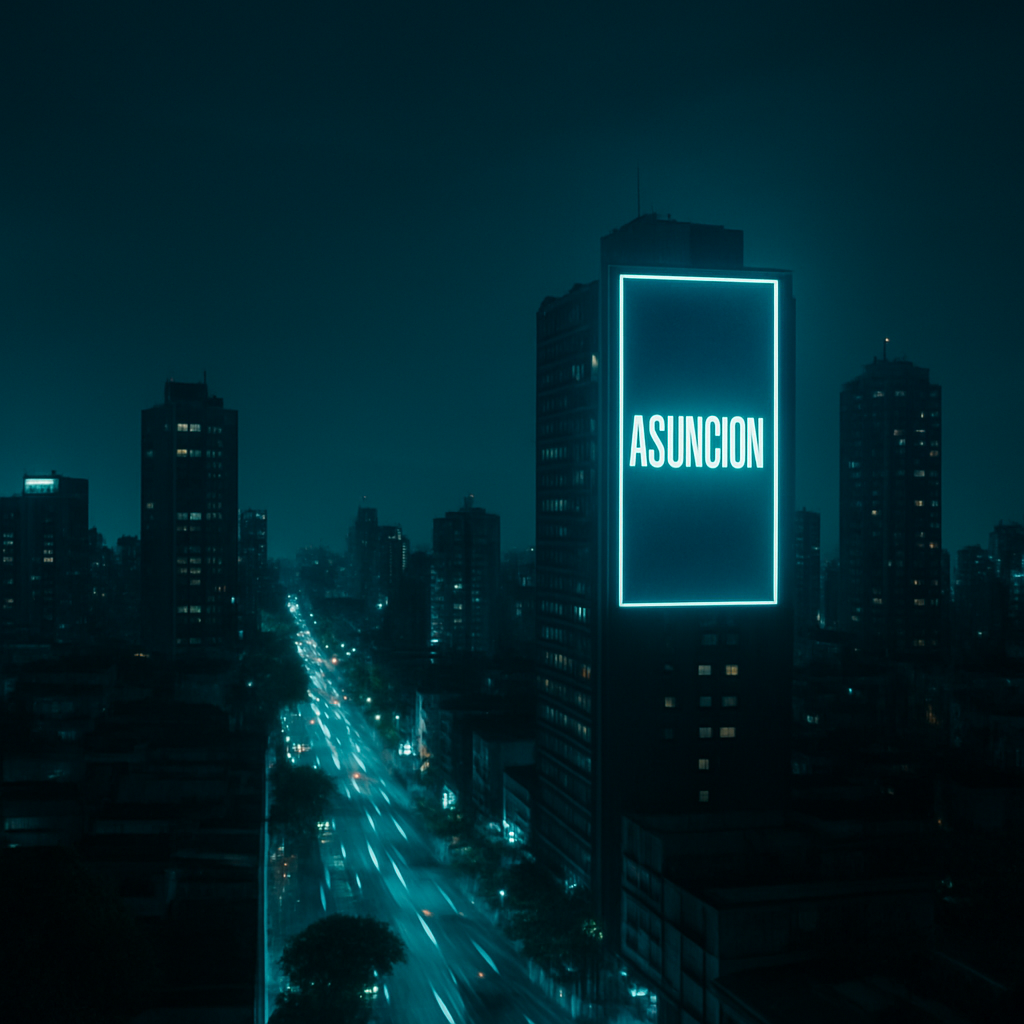 Ciudad nocturna con estructuras publicitarias iluminadas