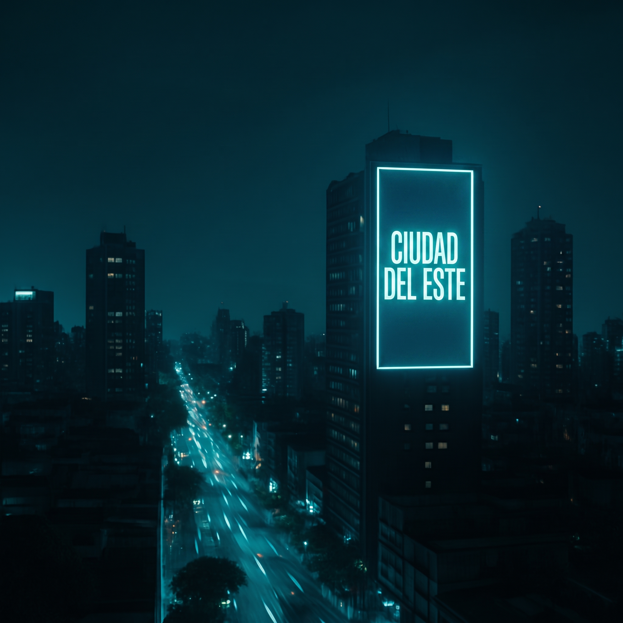 Ciudad nocturna con estructuras publicitarias iluminadas