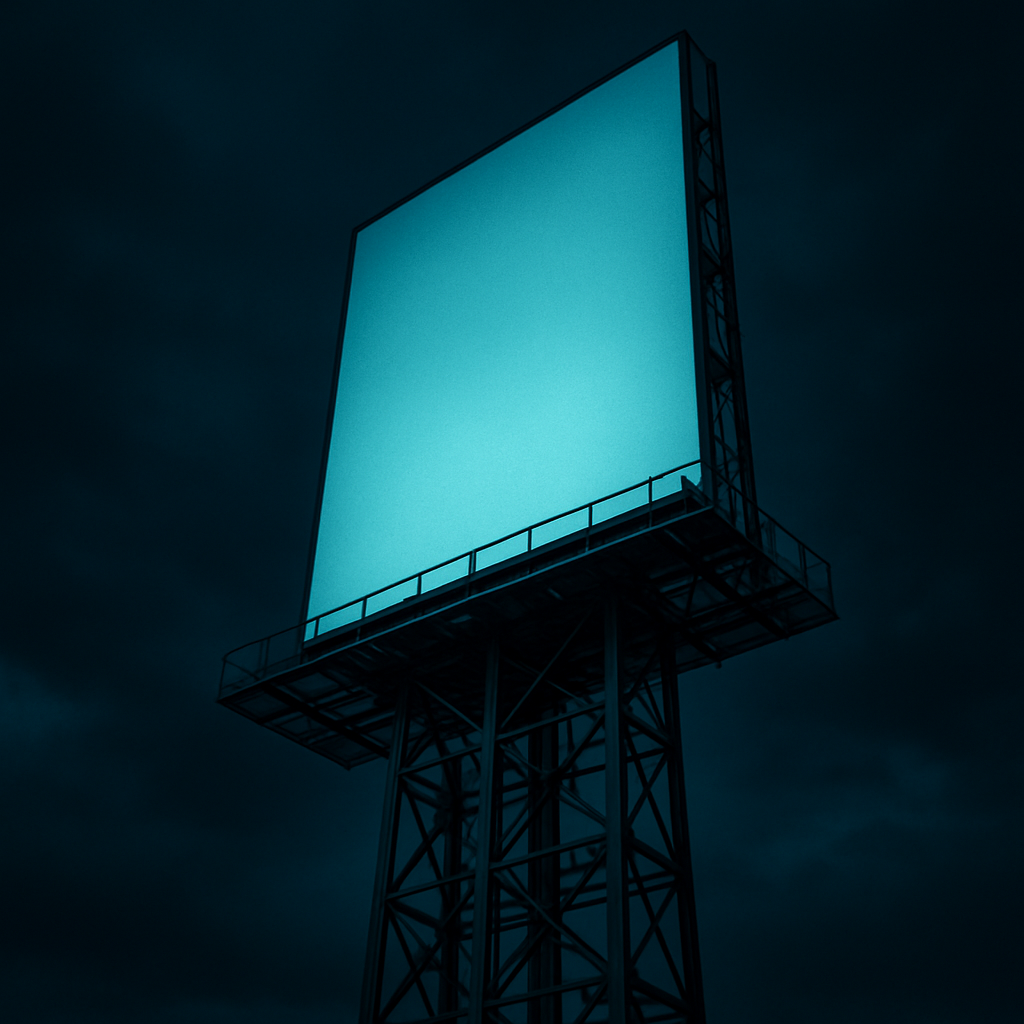 Estructura publicitaria de gran formato contra el cielo al atardecer